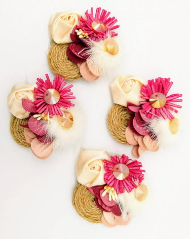 Hand Embroidered Pink and Beige Floral Applique With Feather Pom Poms and Stones, 2 Pcs